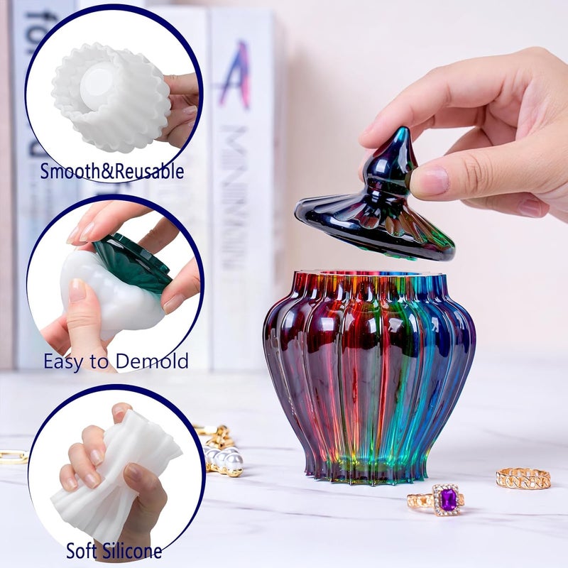 Dacies Silicone Box Mold with Lid Resin Epoxy Casting Molds Vintage Striped Wave Candle Jar Cement Mould for Resin Craft Making DIY Art Jewelry Trinket Organizer Candy Container Concrete Moulds Home Decor - Image 3